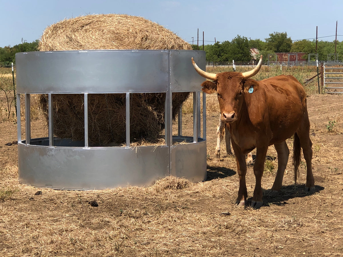 Red River Arenas R6 hay saver round bale feeder with a round bale and horned cattle in a pasture