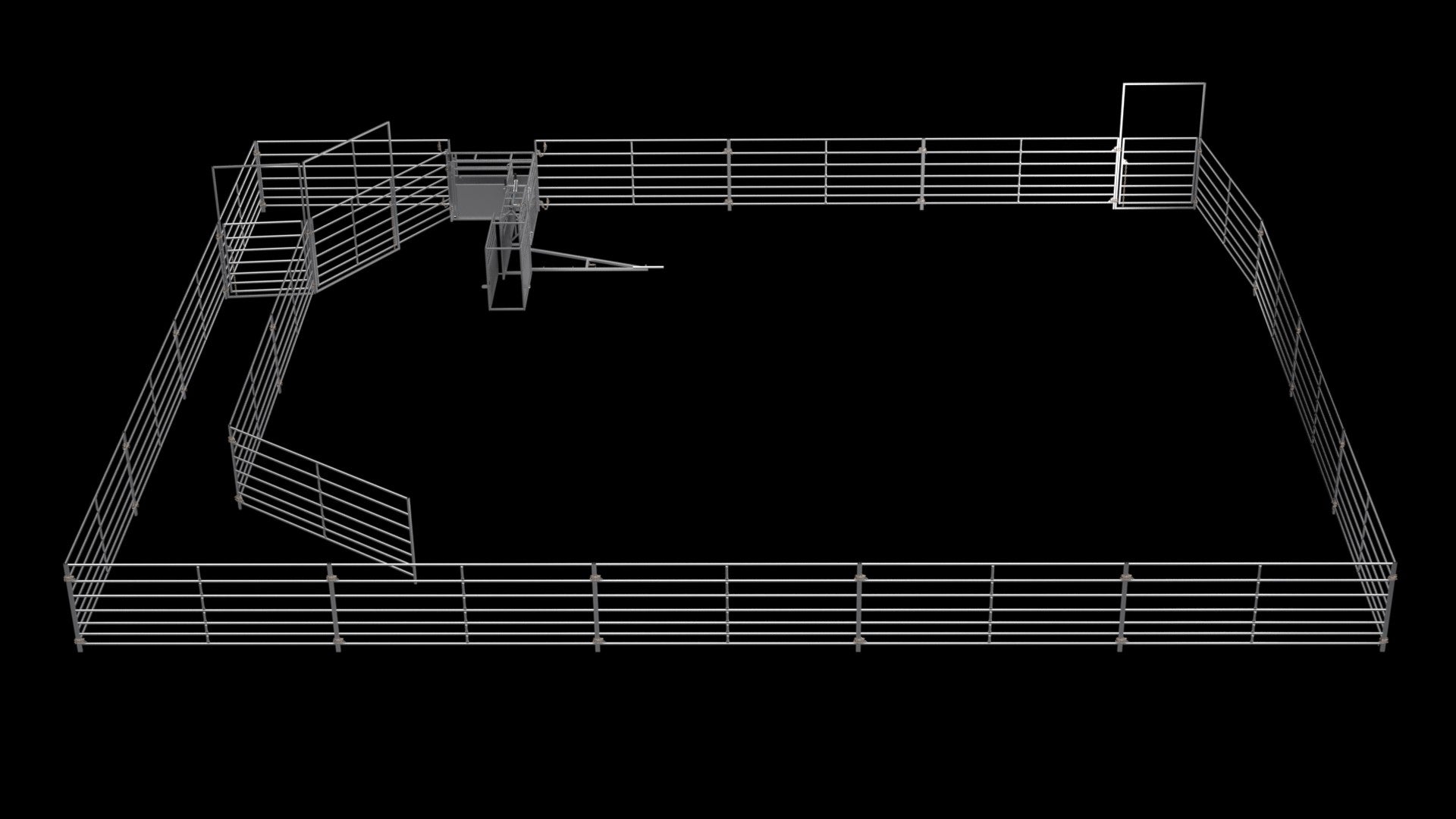 46x40 goat roping arena setup layout with return alley, goat roping chute, leadup system, and livestock panels by Red River Arenas