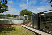 Animal pen with a gate and palp cage in an outdoor setting
