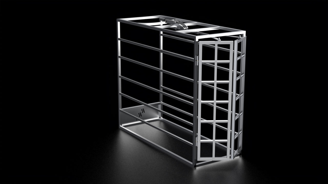 SC100 galvanized stripping chute for team roping arenas featuring one-hand horseback operation, dual swinging doors, and galvanized foot plate.