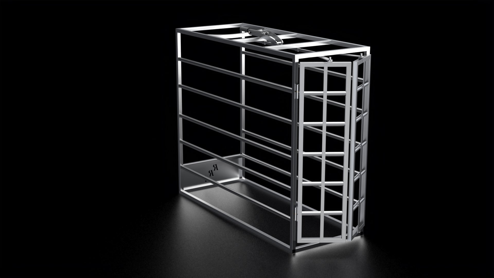 SC100 galvanized stripping chute for team roping arenas featuring one-hand horseback operation, dual swinging doors, and galvanized foot plate.