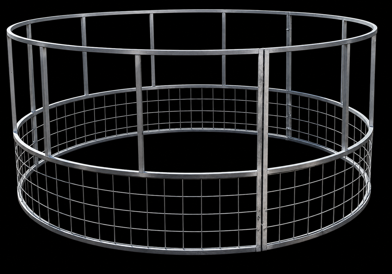 R3 economy round bale feeder with 4x4 wire skirt on black background

