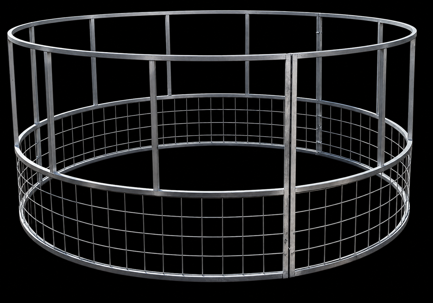 R3 economy round bale feeder with 4x4 wire skirt on black background
