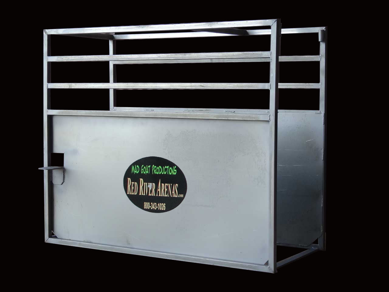 Goat roping score lane from Red River Arenas with electronic eye cutouts for straight runs and accurate timing
