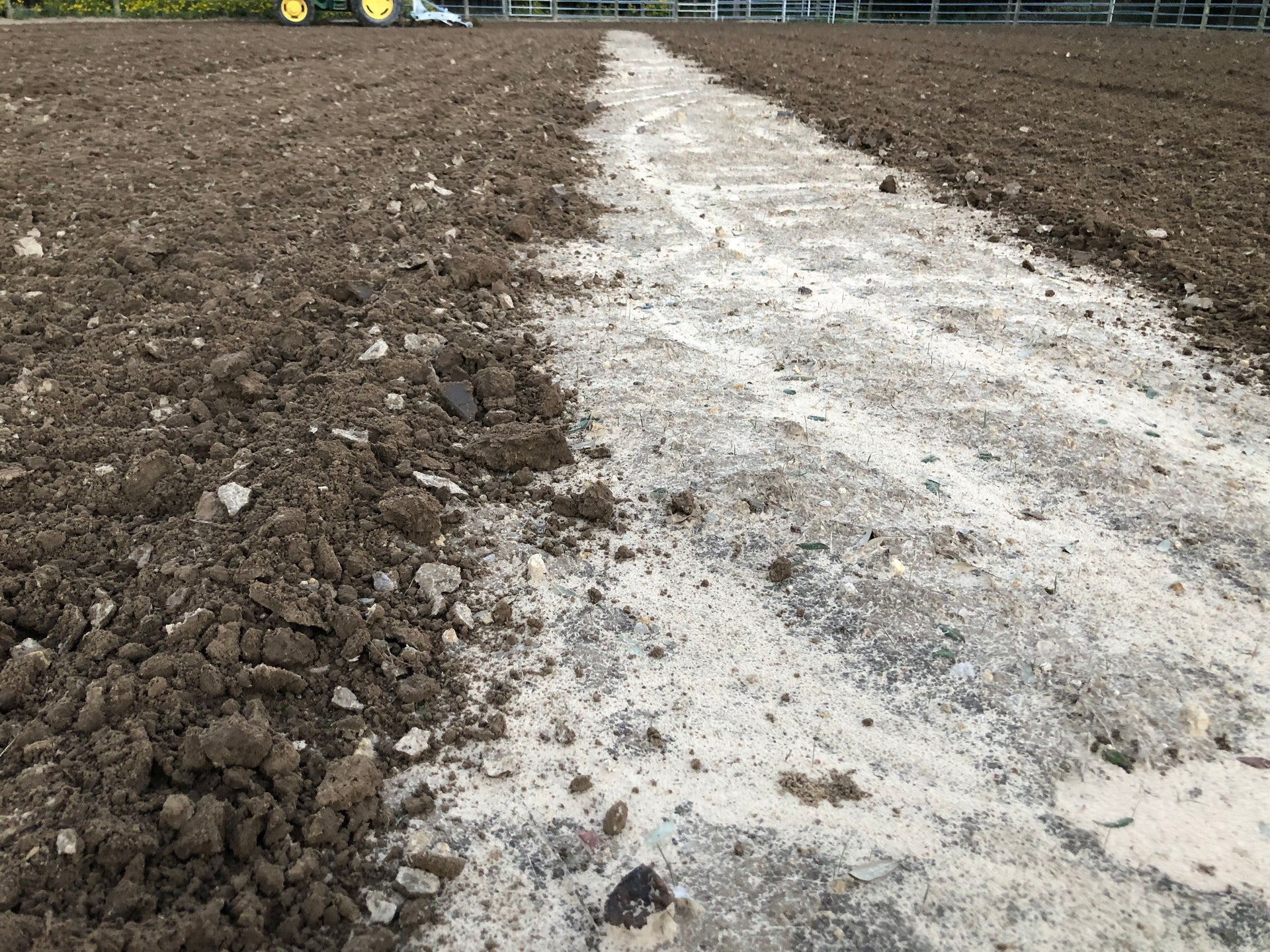 Before and after horse arena footing conditioned with Buster 2.0 arena groomer and arena drag