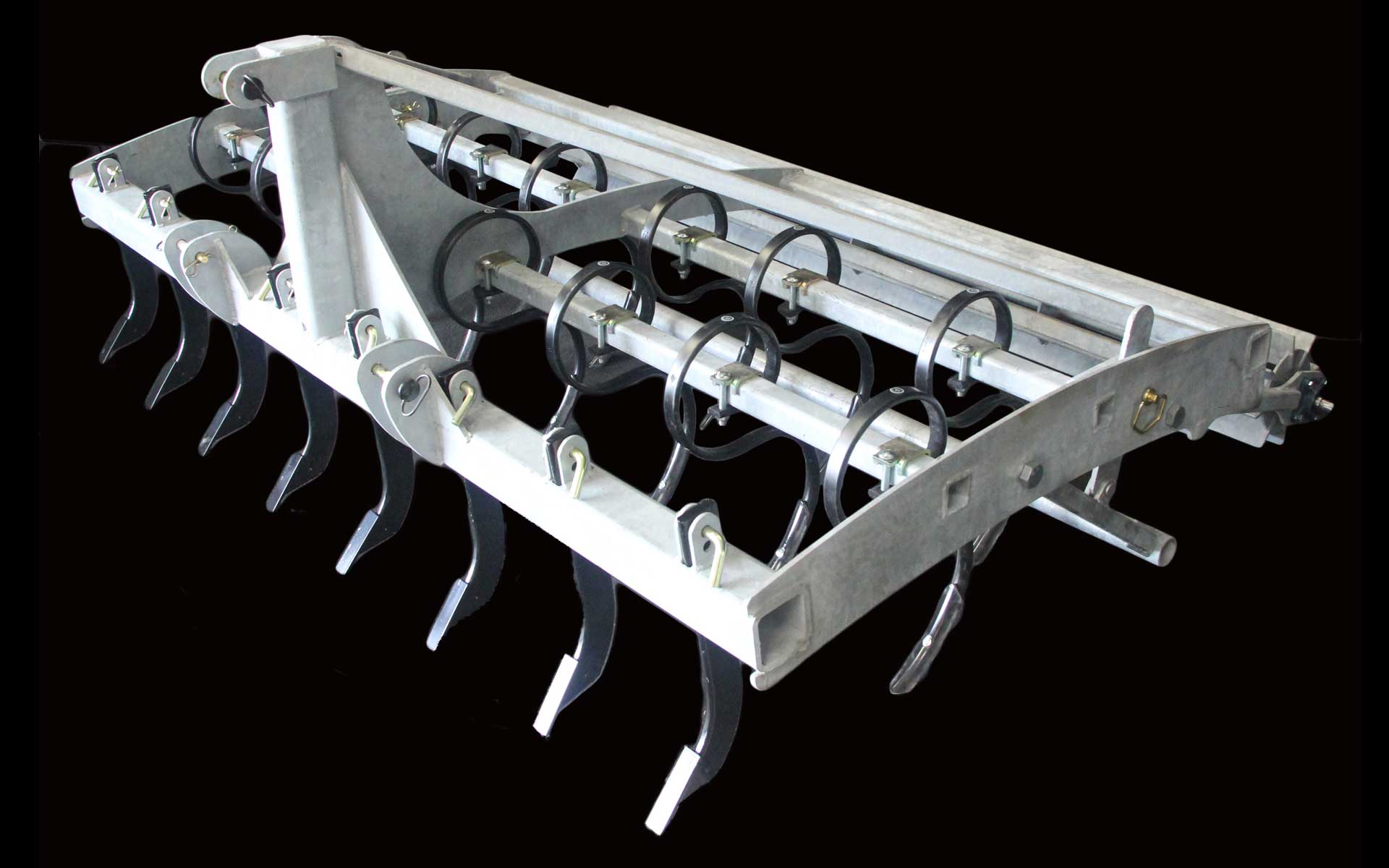 Heavy-duty Buster 2.0 arena drag and arena groomer with ripper shanks and S-tines on black background